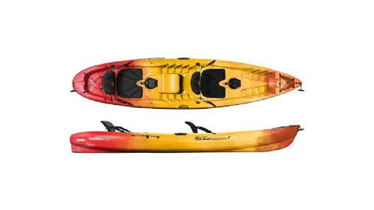 A yellow and red kayak is shown from the top down.