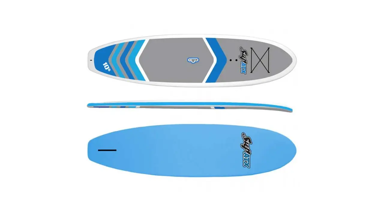 A blue and grey surfboard with a white stripe on it.