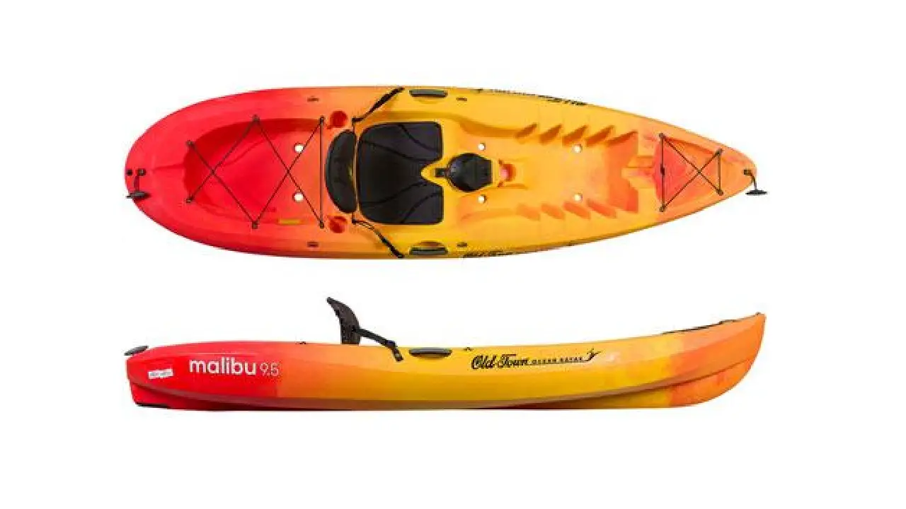 A yellow and red kayak with two different views.